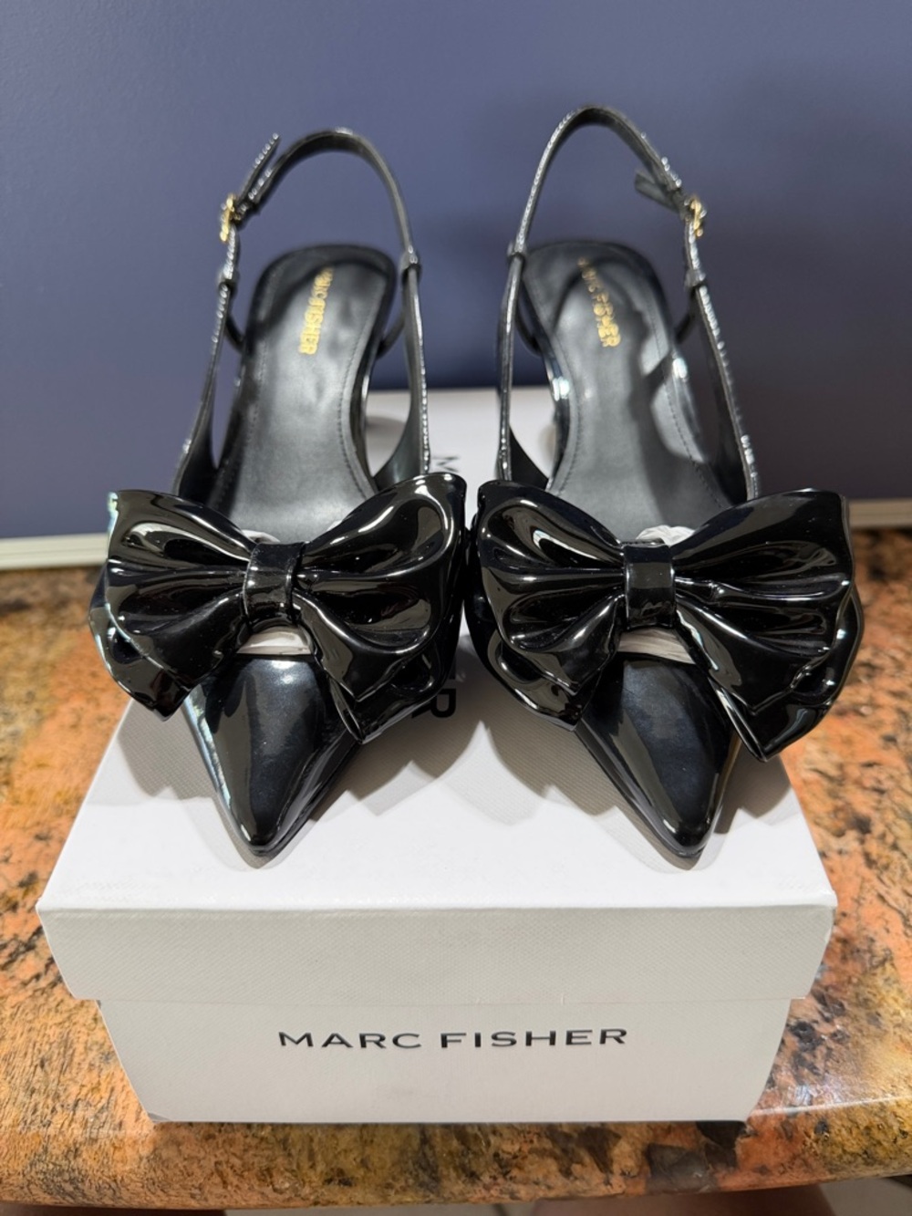 Marc Fisher Black Patent Pointed Slingback Heels with Bow